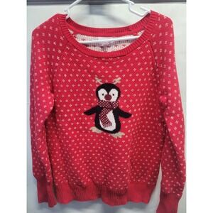 Shrinking Violet Red Penguin Christmas Sweater Fair Isle Holiday Knit Womens M